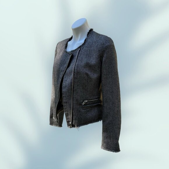 MNG Casual Womens Tweed Zipper Jacket - XS / S - Gray With Frayed Edges & Pocket - Picture 8 of 13